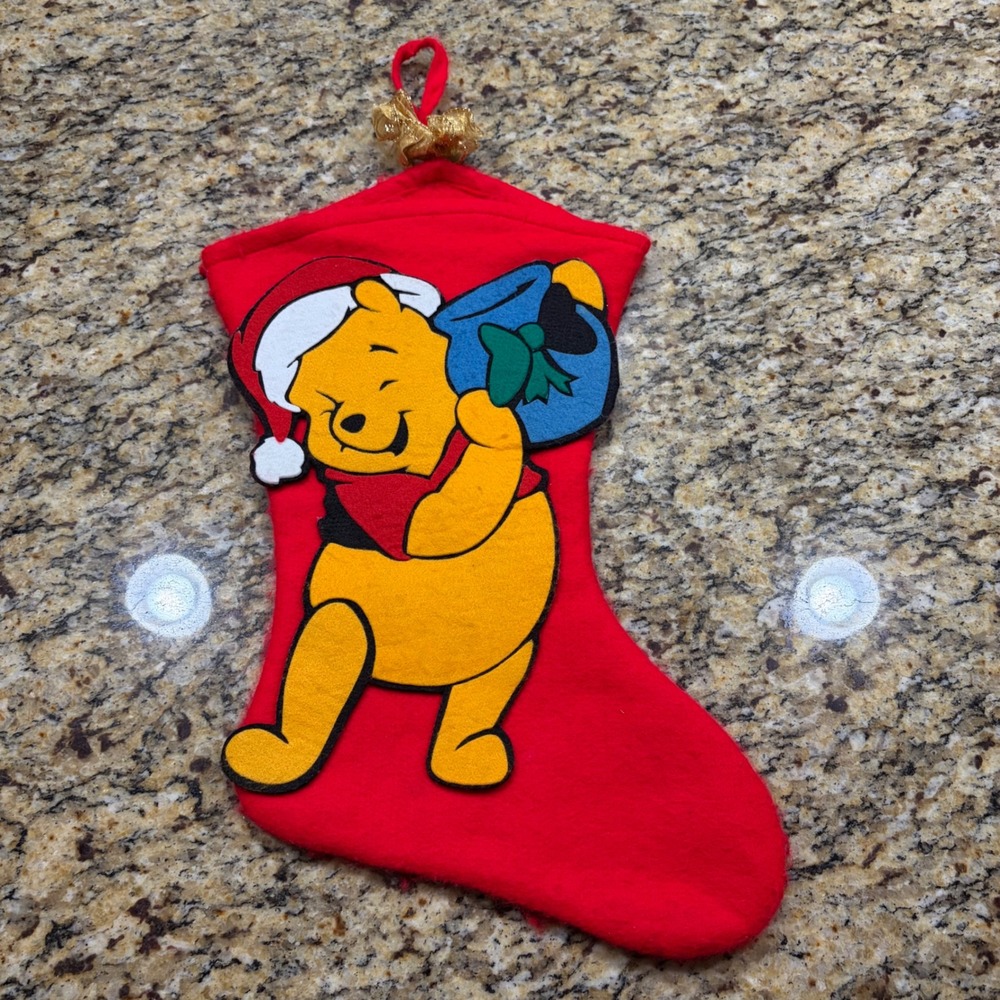 Vintage Winnie the Pooh Christmas Stocking Red Felt Santa Hat Holiday Decor